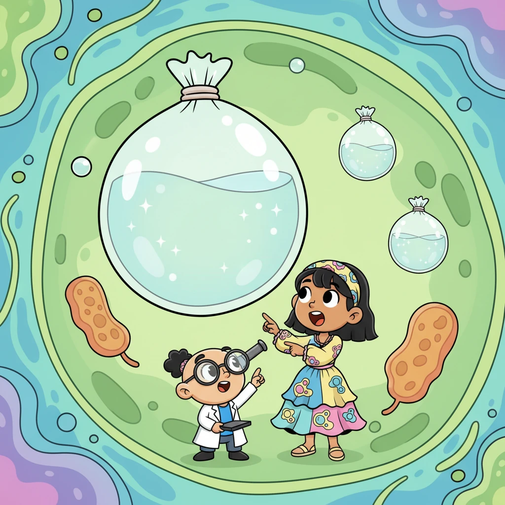 Vieron también unas bolsas grandes y redondas, llenas de un líquido transparente. "¡Estas son las vacuolas!", explicó el Dr. Bio. "Son como almacenes de agua, nutrientes y residuos, ayudando a la célula a mantenerse hidratada y limpia". Algunas eran enormes, casi del tamaño de Celia.