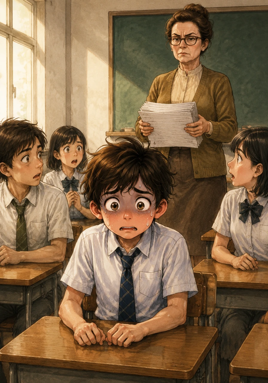 The teacher stands at the front of the room, holding a thick stack of papers and announcing a sudden, unannounced pop quiz. Leo's smile instantly fades as a wave of anxiety hits him because he forgot to study the night before.