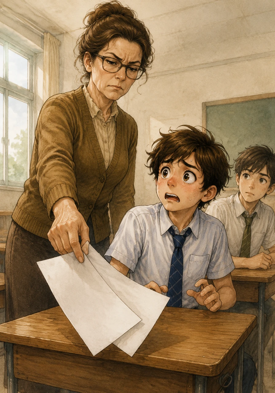 Suddenly, a firm hand reaches down and swiftly pulls both exam papers away from their desks. Leo freezes in absolute shock as he looks up to meet the deeply disappointed gaze of his teacher.