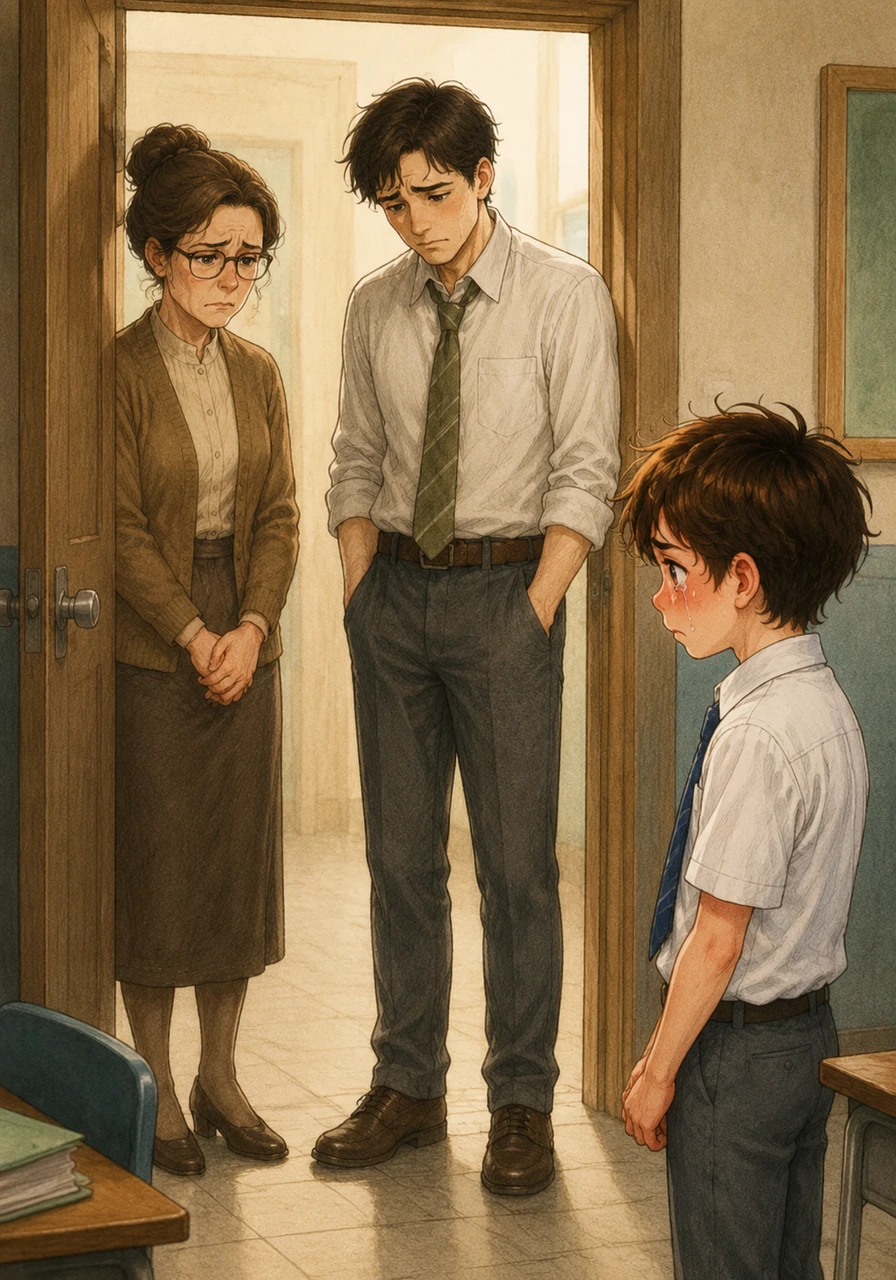 The door opens, and Leo’s parents walk in with expressions of deep sadness and disappointment rather than anger. Seeing the hurt on his parents' faces makes Leo truly understand the painful weight of his dishonesty.