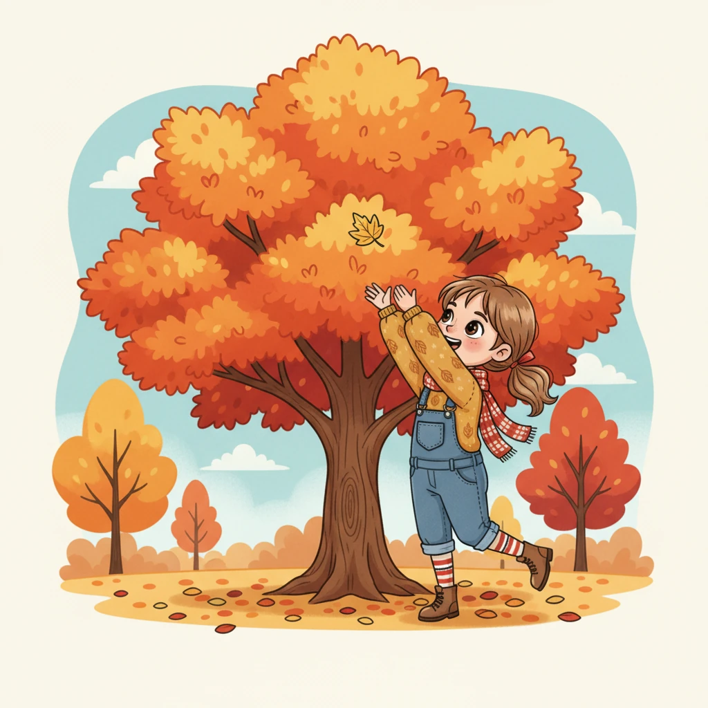 Léa, une petite fille aux yeux pétillants, se promène dans le parc. Elle remarque que les feuilles des arbres, autrefois d'un vert éclatant, ont commencé à changer de couleur, devenant jaunes, oranges et rouges. Un grand arbre majestueux attire son regard avec ses branches chargées de teintes flamboyantes.