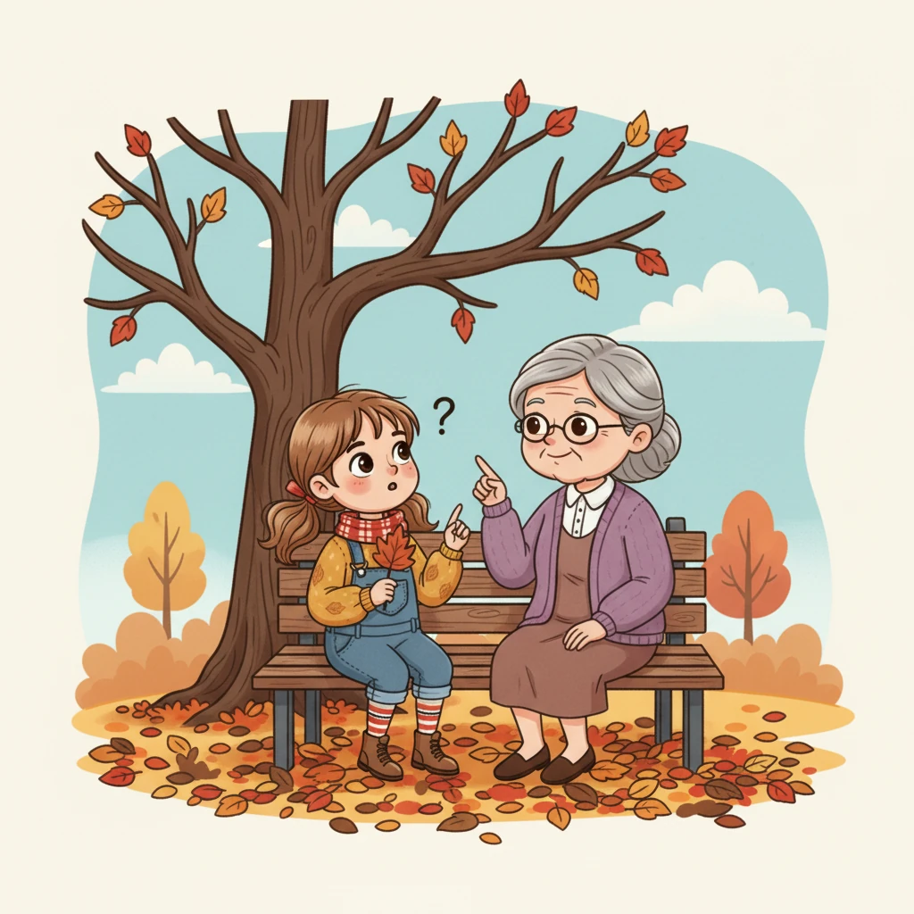Perplexe, Léa lève les yeux vers sa grand-mère, Mamie Rose, qui est assise sur un banc. "Mamie, pourquoi les arbres perdent-ils leurs belles feuilles ?" demande-t-elle avec une moue interrogative. Mamie Rose sourit tendrement, prête à partager un secret de la nature.