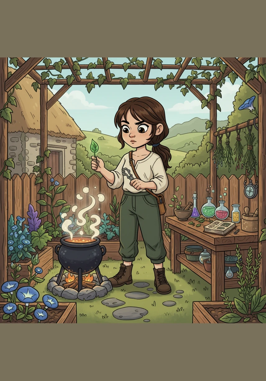 Mei stands in her small apothecary garden, surrounded by bundles of drying lavender and mint. Her fingers are stained with green juice as she carefully grinds a dried root into a fine powder with a stone mortar.