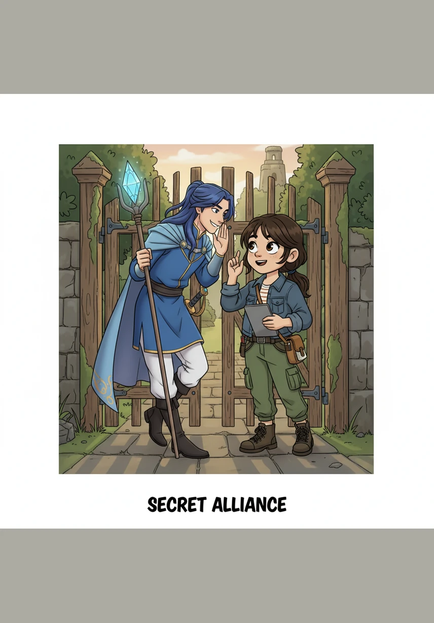 Prince Jin leans against the wooden garden gate, fanning himself with a silk fan decorated with golden cranes. He tells Mei that the palace is whispering about a ghost in the Lady's chambers, but his playful smile suggests he finds the drama quite amusing.