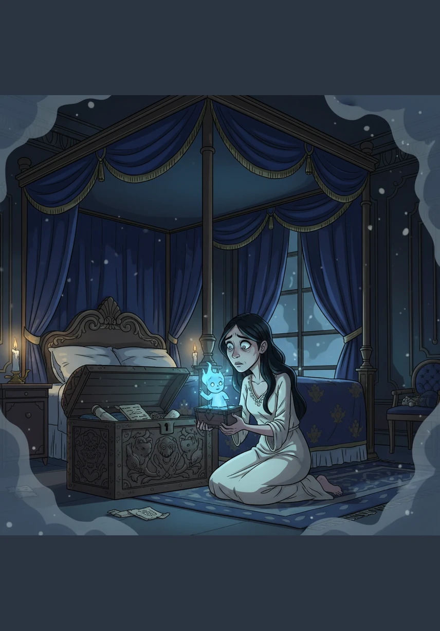 Inside the Lady’s bedroom, the air is dim and filled with the sound of soft weeping. The Lady points at the empty air with a trembling hand, claiming that glowing blue butterflies are dancing around her bed and whispering secrets.