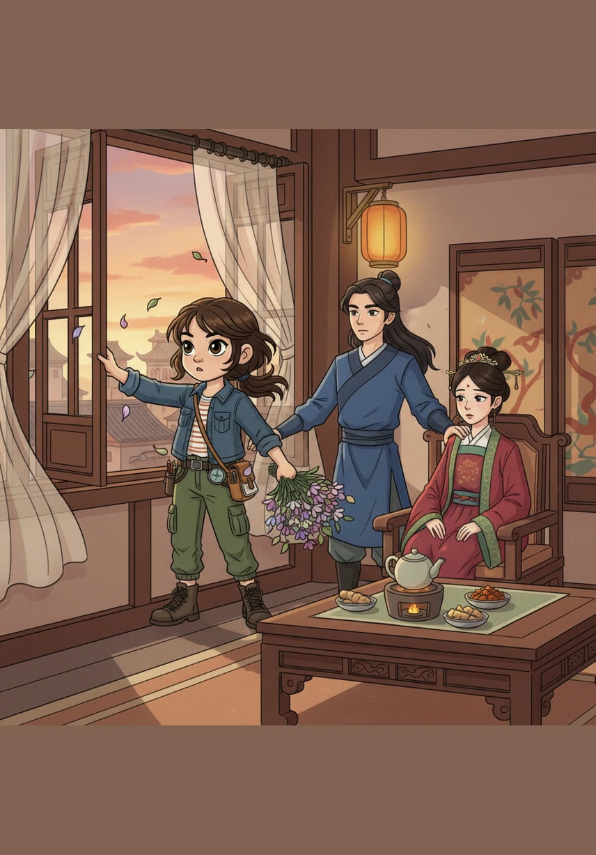 Mei quickly opens the heavy wooden windows to let in the fresh evening breeze and carries the offending flowers out of the room. She begins to prepare a simple tea made of ginger and dried orange peel to help clear the Lady's clouded mind.