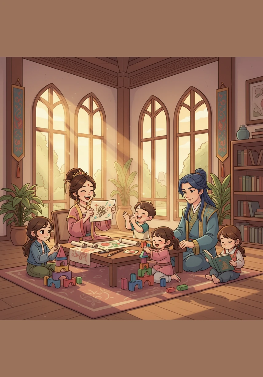 The next morning, the palace is peaceful again, and the scary stories of ghosts have vanished like mist in the sun. The Lady thanks Mei with a grateful smile, realizing that her frightening visions were just a trick of nature and a closed window.