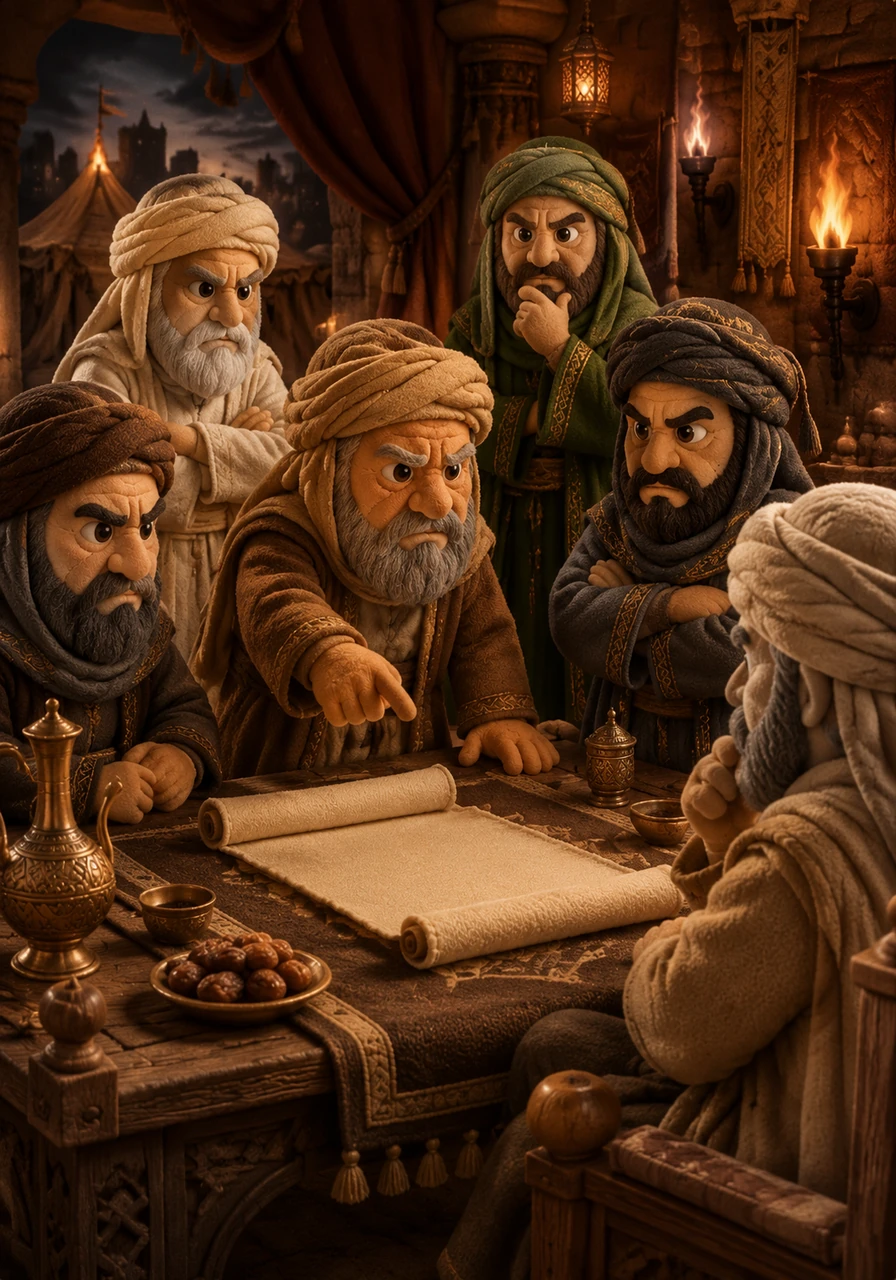 Prominent leaders of Makkah gathered in a dimly lit council chamber, their faces etched with anger and determination. They realized that words alone could no longer stop the movement, and they began drafting a harsh decree to completely isolate the believers.