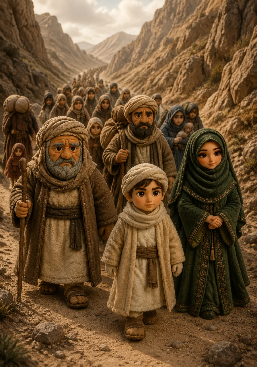 Faced with sudden banishment, families packed their meager belongings and began their long journey toward a narrow, rocky desert valley known as Shi‘b Abi Talib. Young Ali walked alongside the elders, his face resolute despite the heavy burden his people were forced to carry.