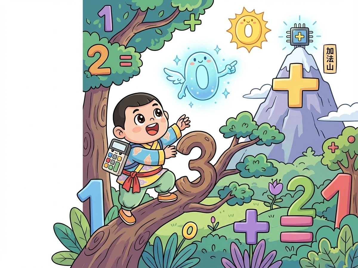 在数字森林里，卡卡遇到了友善的数字精灵小零，小零告诉他，需要的零件在加法山顶。