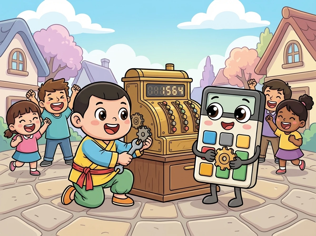 带着零件，卡卡和小零回到了小镇。他们一起修复了算术题机器，孩子们又能正常学习了。