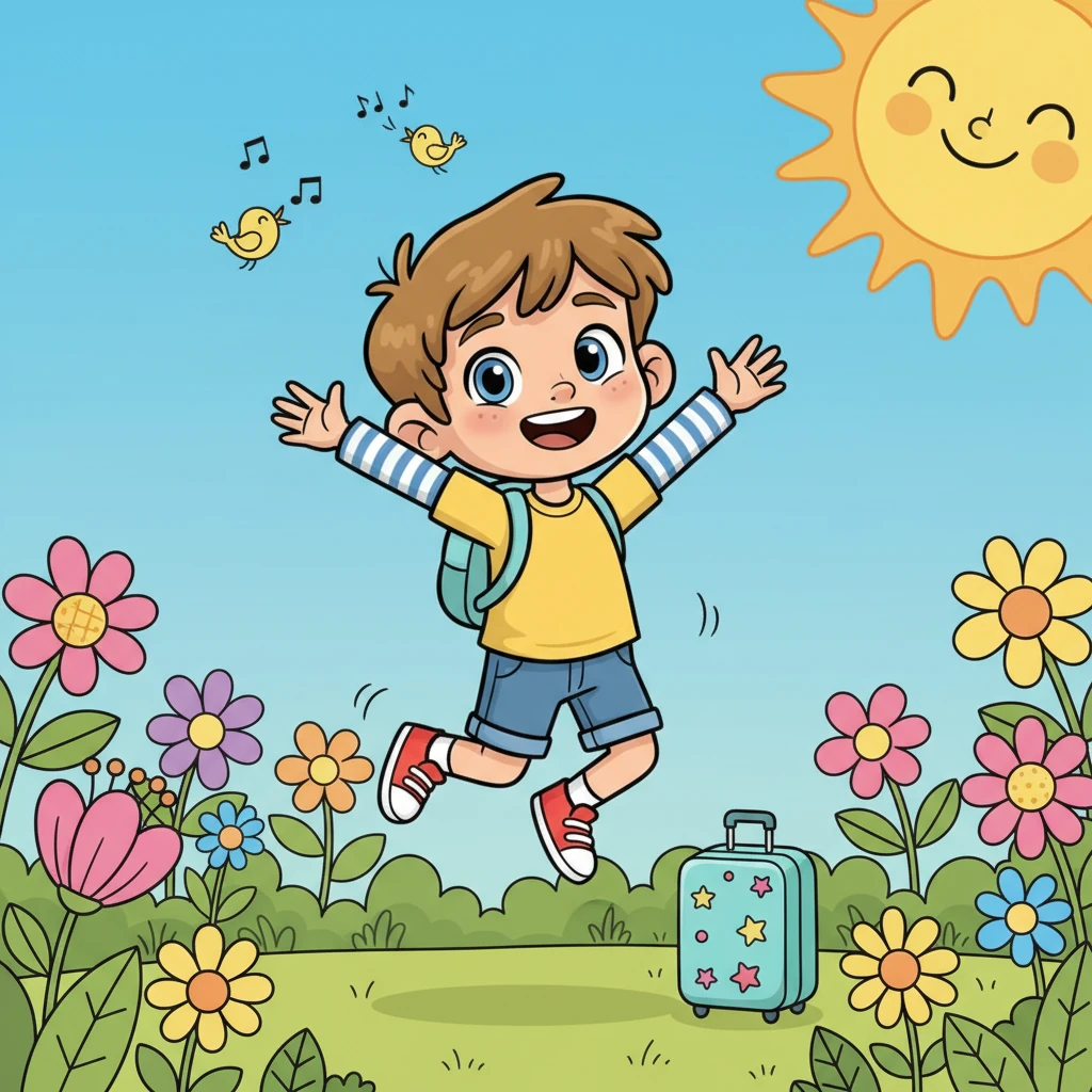 Bonjour ! Je m’appelle Léo. C’est l’été et j’adore les vacances. Je suis très content ! Un soleil immense et souriant brille dans le ciel bleu, tandis que Léo, un petit garçon aux grands yeux pétillants, bondit de joie au milieu d'un jardin fleuri, sa valise décorée à ses côtés. Des oiseaux chantent autour de lui, ajoutant à l'ambiance joyeuse et insouciante de l'été.