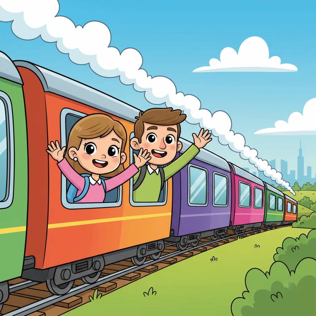 Je voyage avec ma famille. Nous prenons le train pour aller à Paris. Le train est très rapide et confortable. Léo et sa famille, avec des sourires éclatants, saluent depuis la fenêtre d'un train coloré et moderne, qui file à toute vitesse à travers une campagne verdoyante. Des nuages de vapeur stylisés s'échappent de la locomotive, ajoutant un dynamisme joyeux à leur voyage vers la capitale.