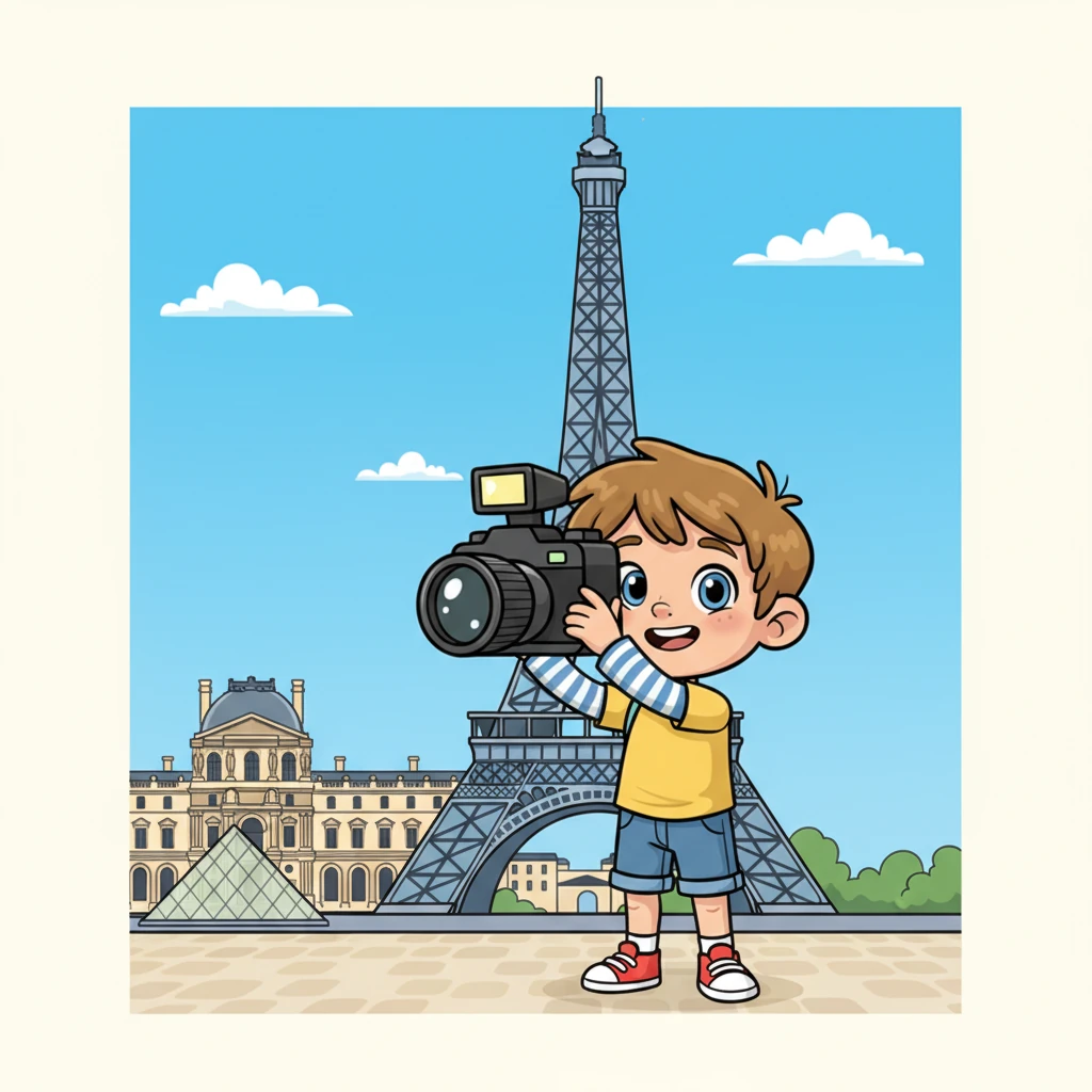 À Paris, nous visitons des musées. Le Louvre est fantastique ! J’aime prendre des photos de la Tour Eiffel. Léo, les yeux émerveillés, tient un appareil photo comiquement grand devant l'imposante Tour Eiffel, qui s'élève majestueusement vers un ciel azur. Derrière lui, une version simplifiée et reconnaissable du musée du Louvre se dresse, invitant à la découverte.