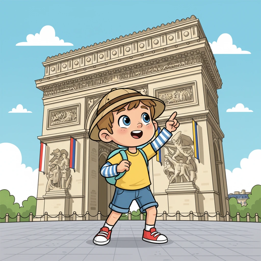 Nous regardons des sites historiques. C’est très intéressant et grand. J’apprends beaucoup de choses sur la France. Léo, coiffé d'un chapeau d'explorateur, se tient devant un grand monument historique parisien, comme l'Arc de Triomphe ou Notre-Dame de Paris, avec des proportions exagérées pour montrer son immensité. Il pointe du doigt un détail architectural, l'air curieux et absorbé par l'histoire.
