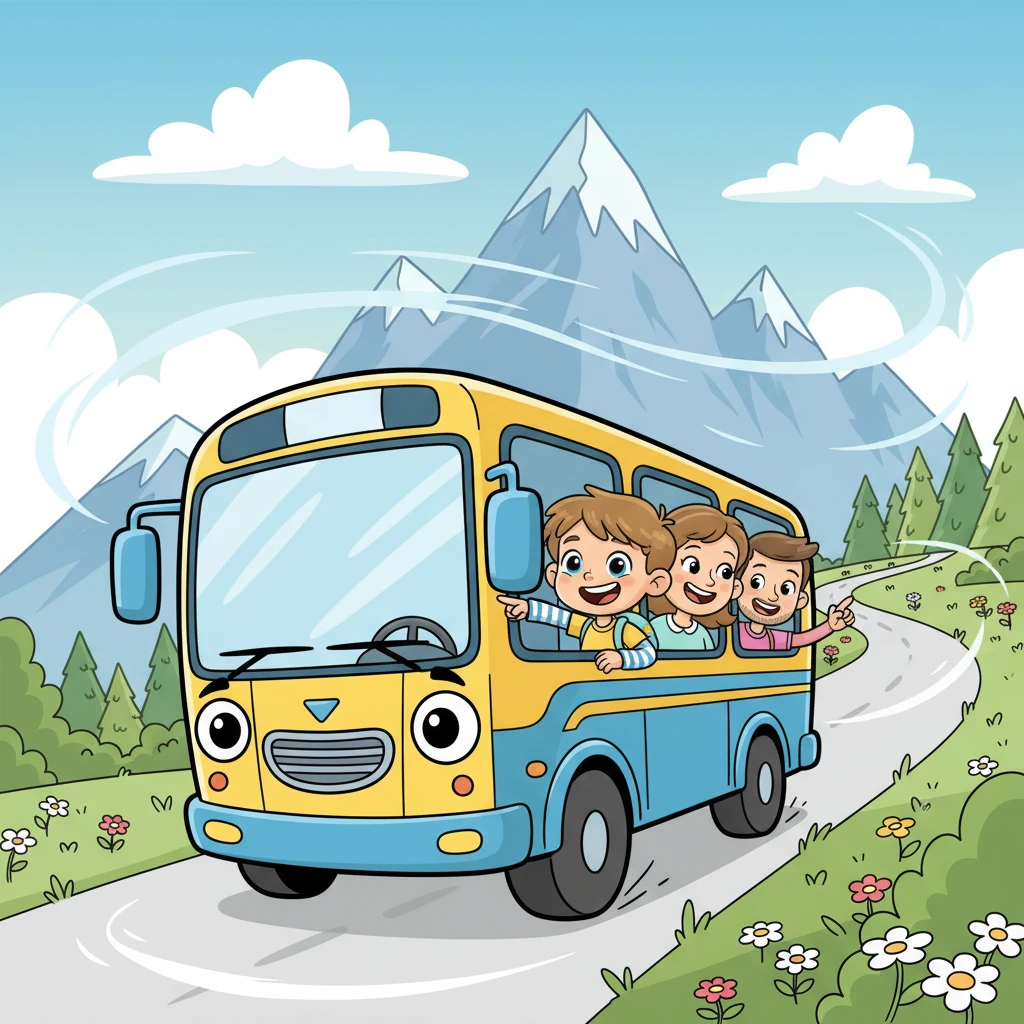 Ensuite, nous prenons le bus. Nous allons à la montagne. Le paysage est magnifique et l'air est frais. Un bus joyeux et coloré serpente sur une route sinueuse, montant vers des montagnes majestueuses aux sommets enneigés et aux pentes verdoyantes. Léo et sa famille regardent par les fenêtres, les visages illuminés par la beauté du paysage et la fraîcheur de l'air de la montagne.