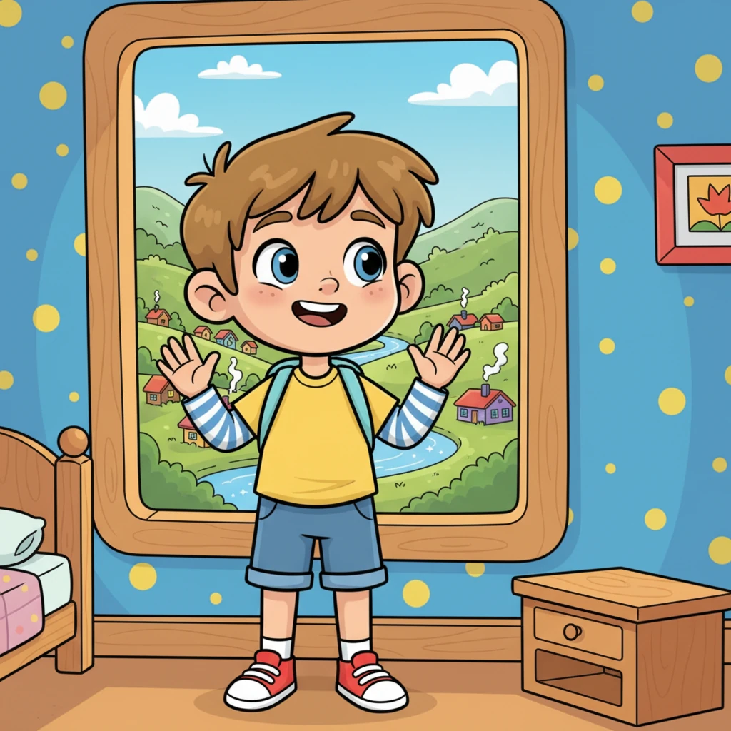 Nous restons dans un hôtel. Ma chambre est petite mais jolie. Il y a une belle vue sur la vallée. Léo, tout sourire, se tient à la fenêtre de sa petite chambre d'hôtel douillette et colorée. Il contemple une vue panoramique sur une vallée verdoyante, parsemée de minuscules chalets et traversée par une rivière étincelante, le tout sous un ciel d'un bleu éclatant.