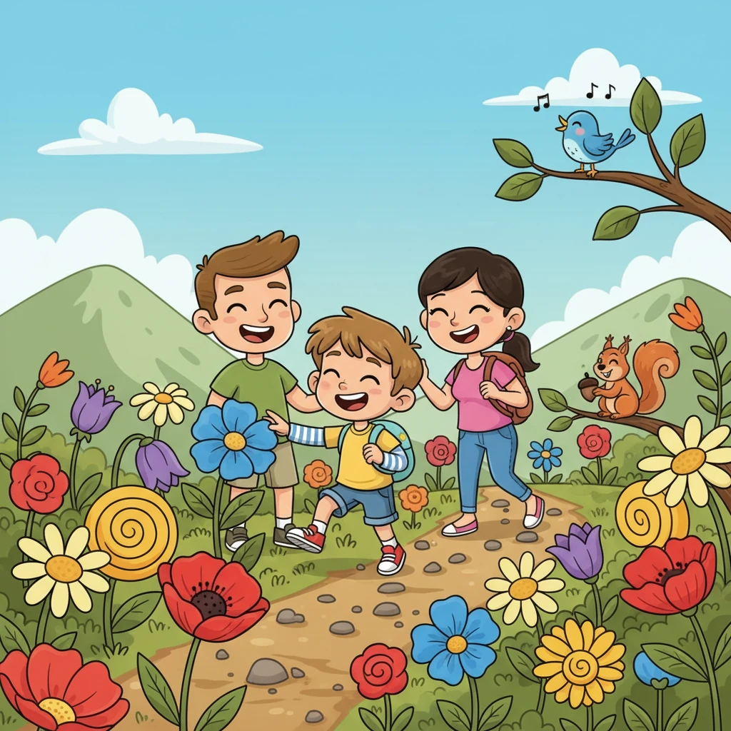 Aujourd'hui, nous faisons une randonnée amusante ! Les sentiers sont pleins de fleurs colorées et nous voyons de drôles d'animaux. C’est super amusant d’explorer la nature. Léo, accompagné de ses parents, rit aux éclats en marchant sur un sentier de montagne parsemé de fleurs géantes et multicolores. De petits animaux de la forêt, comme un écureuil facétieux ou un oiseau chanteur, les observent avec curiosité depuis les arbres.