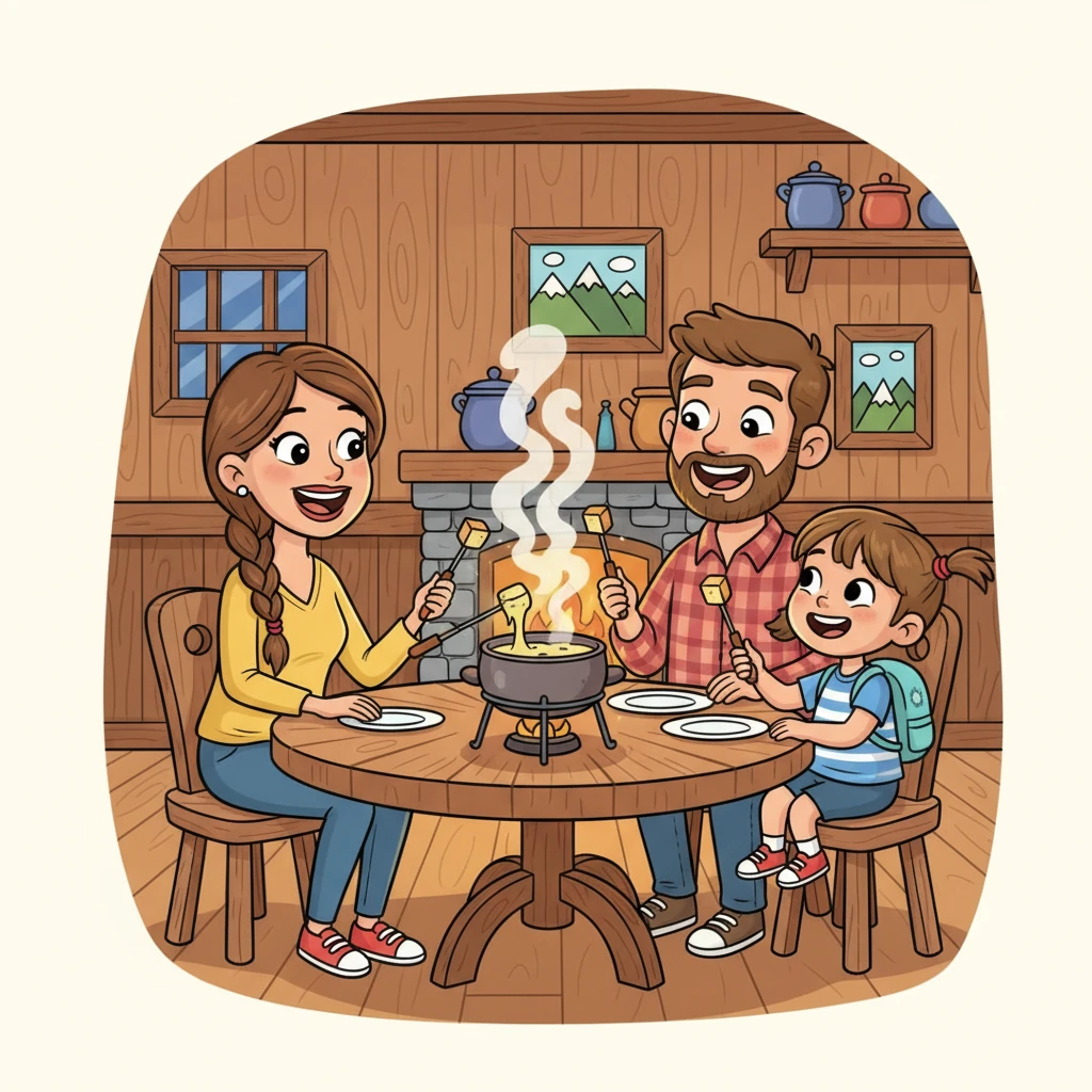 Le soir, nous mangeons une délicieuse fondue au fromage dans un petit restaurant de montagne. Tout le monde rigole et partage des histoires de la journée. C'est un moment parfait en famille. Léo et sa famille sont attablés dans un restaurant de montagne chaleureux, décoré de bois. Ils trempent joyeusement des morceaux de pain dans un grand caquelon de fondue fumante, leurs visages exprimant un bonheur partagé et des rires francs.