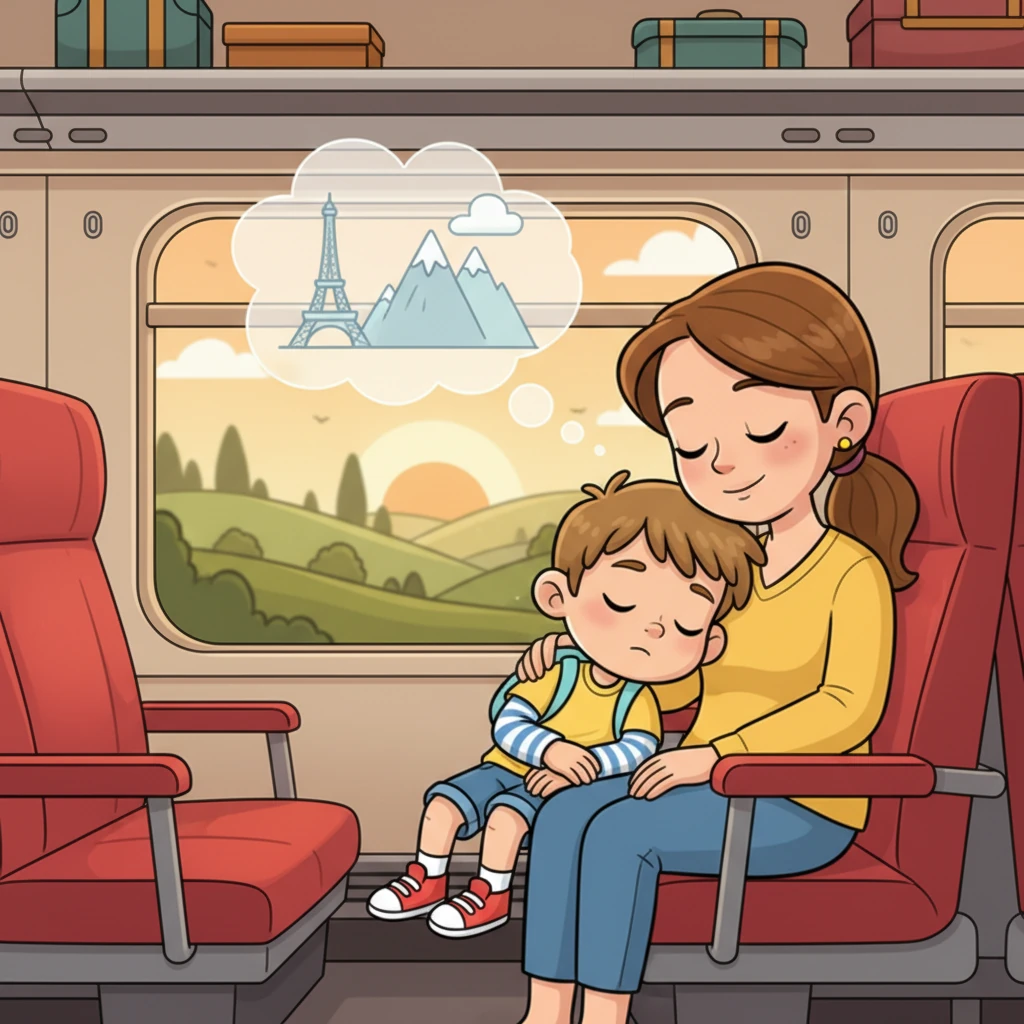 Les vacances sont finies. Nous rentrons à la maison, le cœur rempli de souvenirs merveilleux. Le train est un peu plus lent maintenant, mais nous sommes fatigués et heureux. Léo, blotti contre sa maman, somnole paisiblement dans le train qui les ramène à la maison. Au-dessus de sa tête, une bulle de rêve montre des images floues de la Tour Eiffel et des montagnes, symbolisant les beaux souvenirs de son voyage.