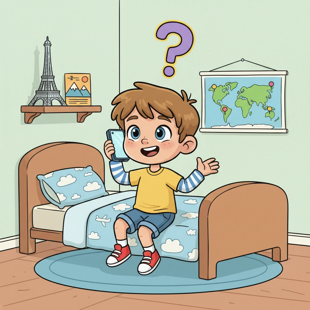 C’était génial ! J'ai hâte de revoir mes amis pour leur raconter toutes mes aventures. Et toi ? Où vas-tu en vacances ? Qu’est-ce que tu fais ? Léo, de retour dans sa chambre décorée de souvenirs de voyage (une mini Tour Eiffel, une carte postale des montagnes), est au téléphone, un grand sourire aux lèvres, racontant ses péripéties. Un grand point d'interrogation ludique flotte au-dessus de sa tête, invitant le lecteur à partager ses propres expériences.