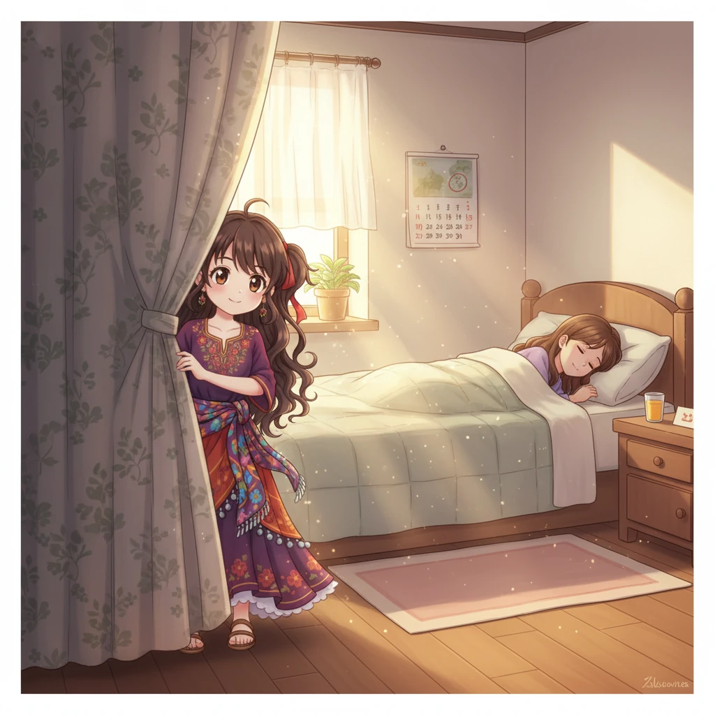 A hajnali fények átszűrődnek a függönyön, Kati, az anya még mélyen alszik, miközben Józsi, az apa már elindult dolgozni. Az ablakból lágyan beszűrődik a kora reggeli madárcsicsergés, jelezve az új nap kezdetét.