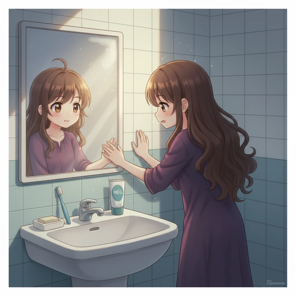 Ilona a mosdóba botorkál, ahol a reggeli készülődés első lépéseként elvégzi a dolgát. A kis fürdőszoba még félhomályban van, de a tükörben már látja magát, ahogy megpróbálja felébreszteni magát.