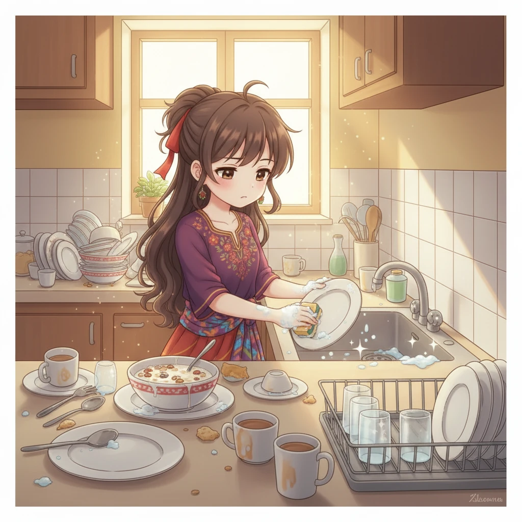 Kati a konyhába szól Ilonának, kissé rekedtes hangon: „Hé, ha már fent vagy és túl vagy a dolgodon, mosogass el kérlek, amíg én rendbe teszem a szobát, utána én fürdök.” A konyha még rendetlen a tegnapi vacsora után.