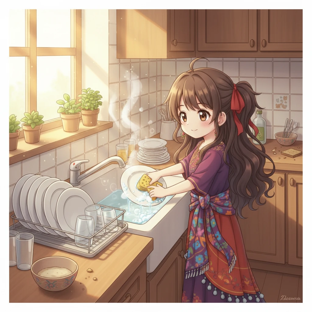 Ilona nekikezd a mosogatásnak. A meleg víz gőze száll fel a mosogatóból, miközben ő szorgalmasan súrolja a tányérokat és a poharakat. A reggeli napsugarak már bevilágítják a konyhát, megcsillanva az edényeken.
