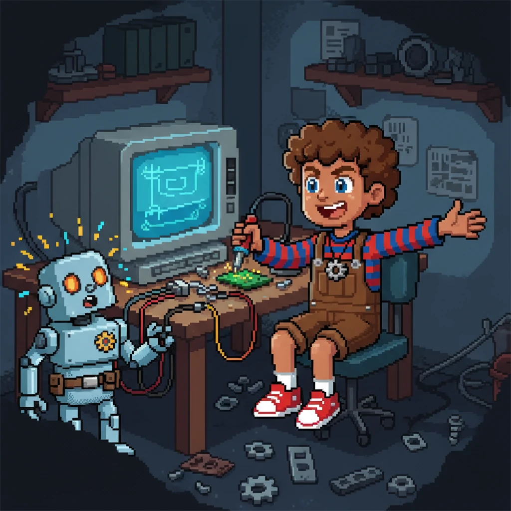 Arsen sits focused at his desk late at night, surrounded by metal parts and a glowing computer screen. He carefully solders a microchip, a determined smile on his face. Suddenly, wires spark, and a small robot, Robo, flickers to life, looking around in surprise. Arsen, overjoyed, welcomes his new friend.