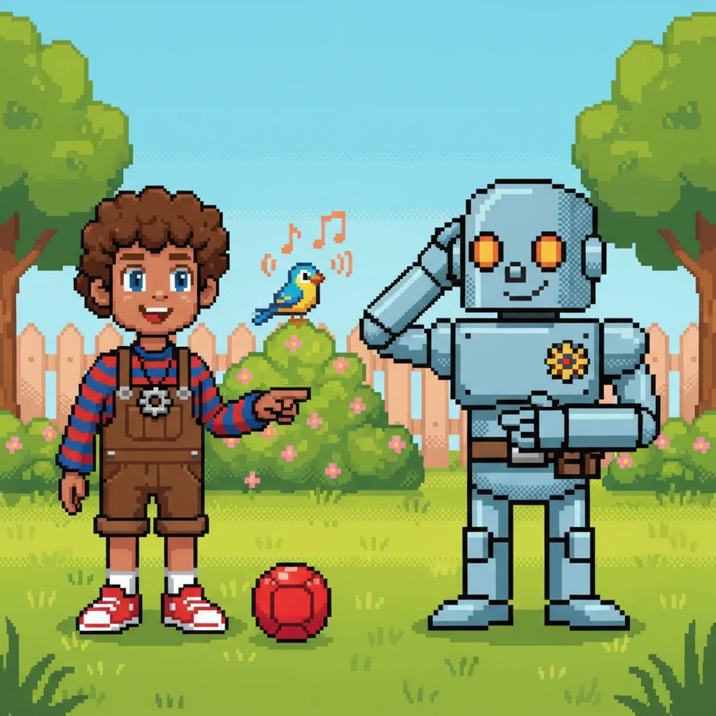 Under the warm morning sun, Arsen and Robo play with a bright red ball in the green yard. Robo pauses, tilting his head as he hears a bird's song for the first time. He touches his metallic ear, a new smile forming on his face, expressing a desire to feel human emotions. Arsen encourages him to listen with his heart.