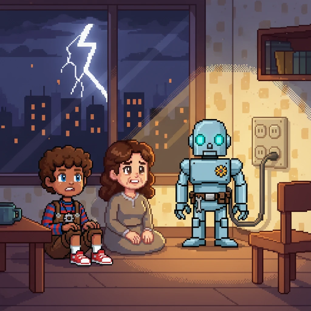 A fierce storm rages outside, lightning illuminating the dark city as the house lights flicker and die. Arsen and his mother sit in the dim room, worried. Robo, despite his fear, bravely connects to the house's power system, his eyes glowing with determination. The room fills with light again, thanks to Robo's courage and friendship.