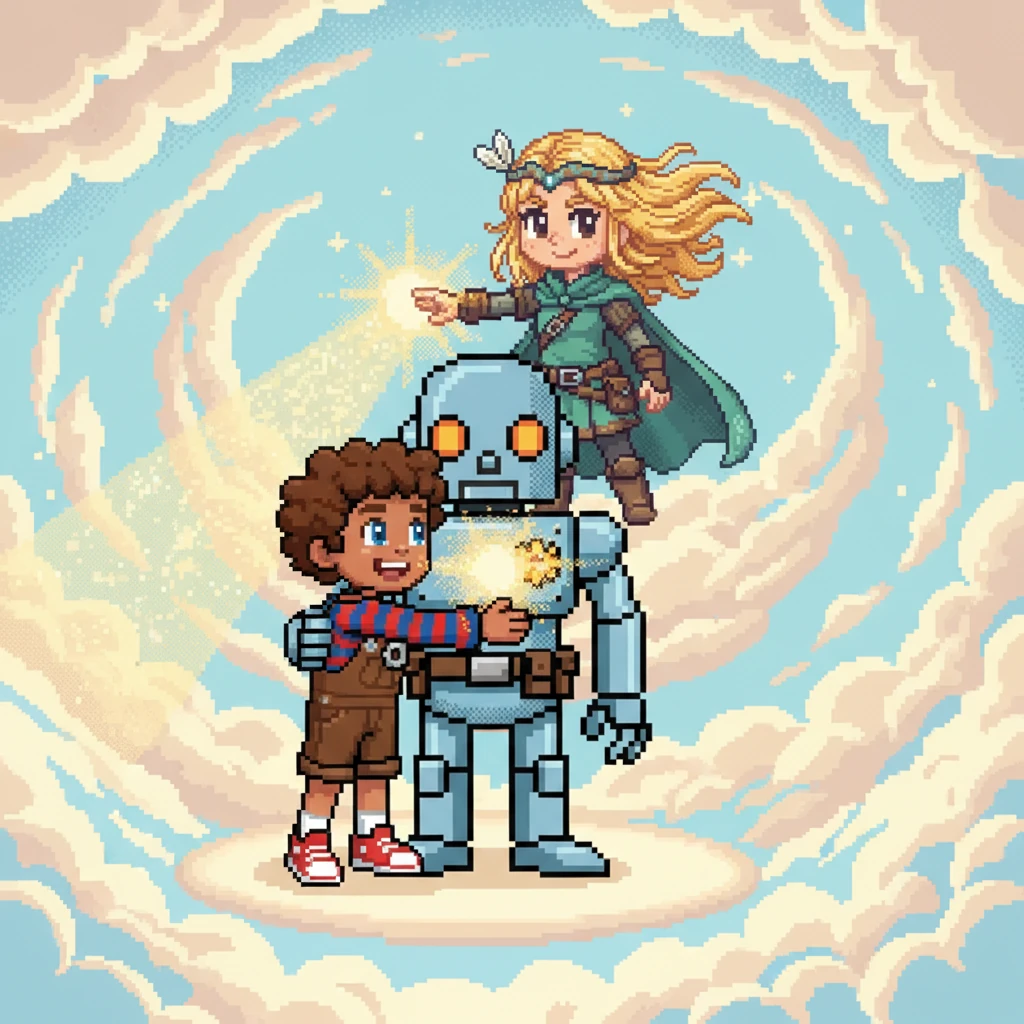 High above, in a sky filled with glowing clouds, a graceful Wind Spirit appears before Robo. She acknowledges his kind heart, despite his metallic form. With a gentle, luminous hand, the spirit sends a ray of light into Robo's chest, reviving him with renewed energy. Arsen embraces his friend, declaring their unbreakable bond.