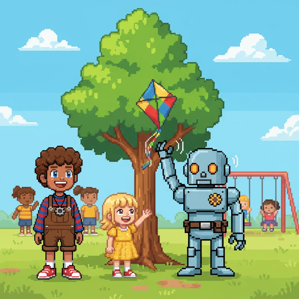 In a vibrant park on a sunny day, children laugh and play. Arsen and Robo notice a small child struggling to retrieve a colorful kite stuck high in a leafy tree. Robo, with a helpful whir, extends his arm to gently free the kite, bringing a wide smile to the child's face. Arsen watches, his heart swelling with pride for his kind friend.