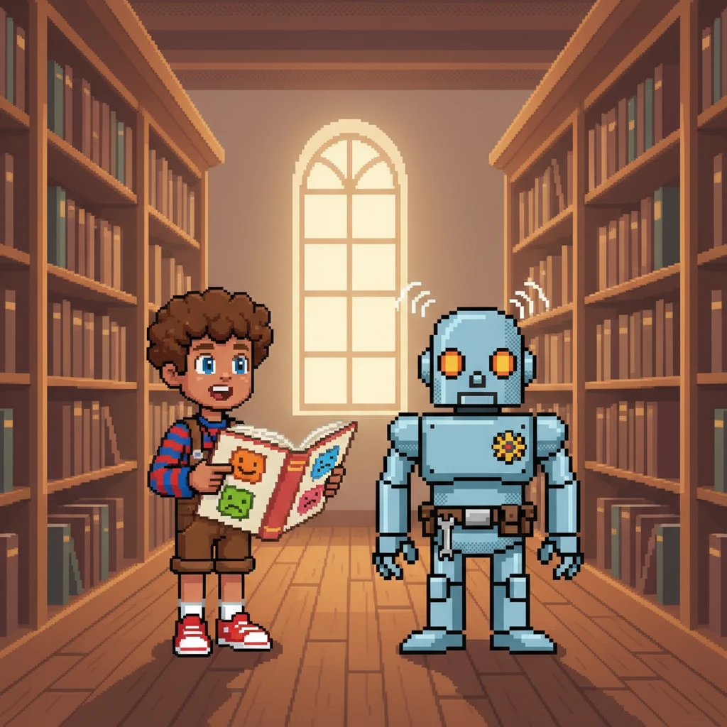 Inside a quiet library, surrounded by tall shelves of books, Arsen reads aloud to Robo. He explains the nuances of human feelings, pointing to illustrations of various emotions. Robo listens intently, his optical sensors glowing with understanding, as he slowly begins to grasp the complexities of joy and sadness.