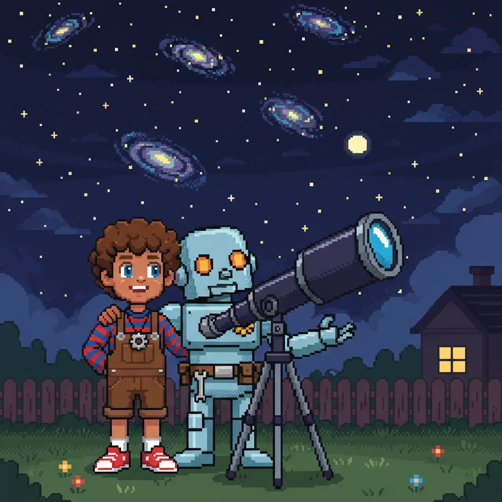Under a blanket of twinkling stars, Arsen and Robo gaze through a telescope in their peaceful yard. Distant galaxies sparkle, filling them with wonder. Robo expresses a longing to explore the vastness of space, and Arsen, putting an arm around his friend, promises they will always embark on new adventures together.