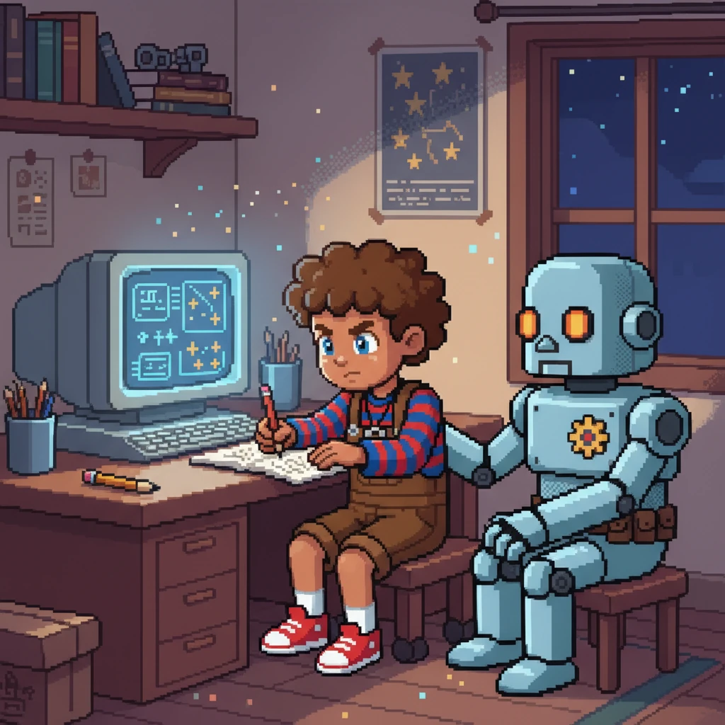 Back in Arsen's cozy room, the gentle hum of the computer fills the evening air. Arsen sketches new upgrades and imagined journeys for Robo, lost in creative thought. Robo sits close by, a silent, comforting presence, his metallic hand gently resting on Arsen's arm, a testament to their unspoken understanding.