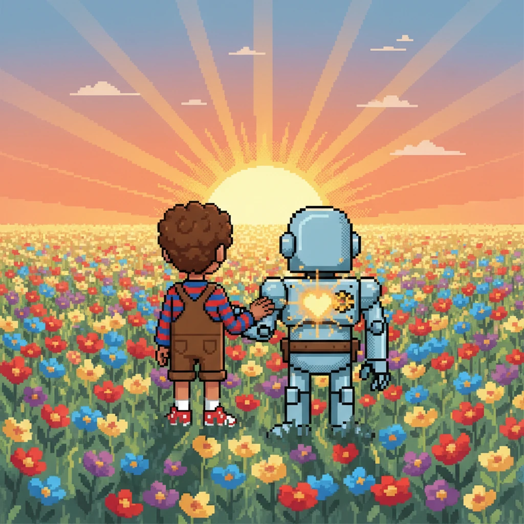 In a breathtaking field of colorful, pixelated flowers, Arsen and Robo stand together, facing a brilliant, rising sun. Robo's chest emits a soft, warm glow, symbolizing the human heart he now possesses. Their journey of friendship, forged in sparks and sustained by kindness, shines brightly, an everlasting bond.