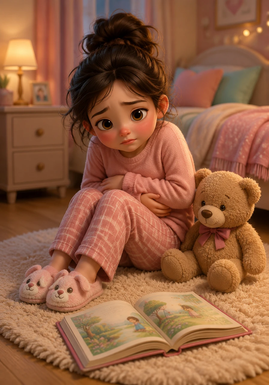 Lily sat curled on her soft rug, hugging her rumbling tummy, her colorful storybook lying open but forgotten. She looked a little pale, and her teddy bear sat close by, ready to offer fuzzy cuddles and quiet comfort for a sensitive stomach.