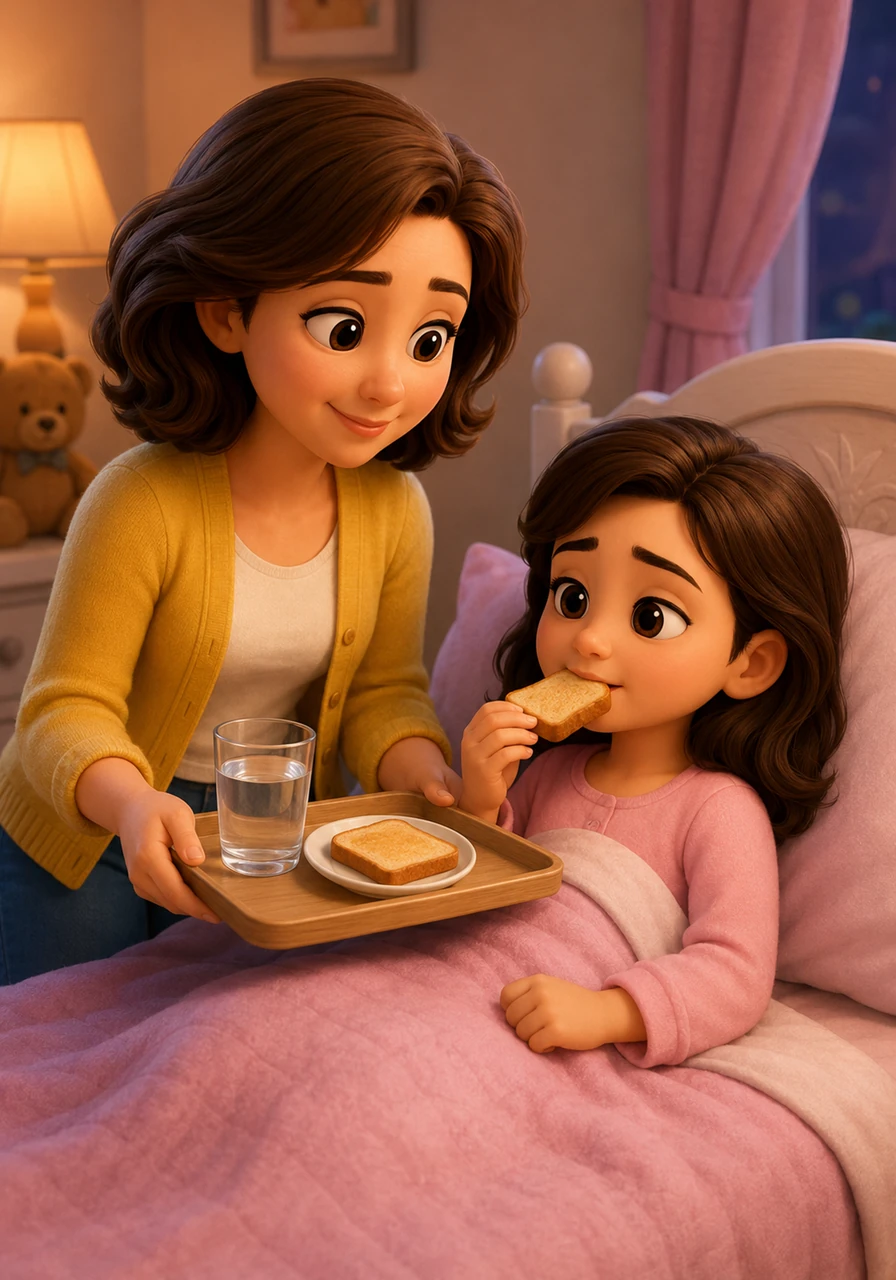 Mom brought a special tray with little sips of cool water and a slice of dry toast. Lily took tiny nibbles, feeling thankful for the simple treats that were gentle on her unsettled tummy.