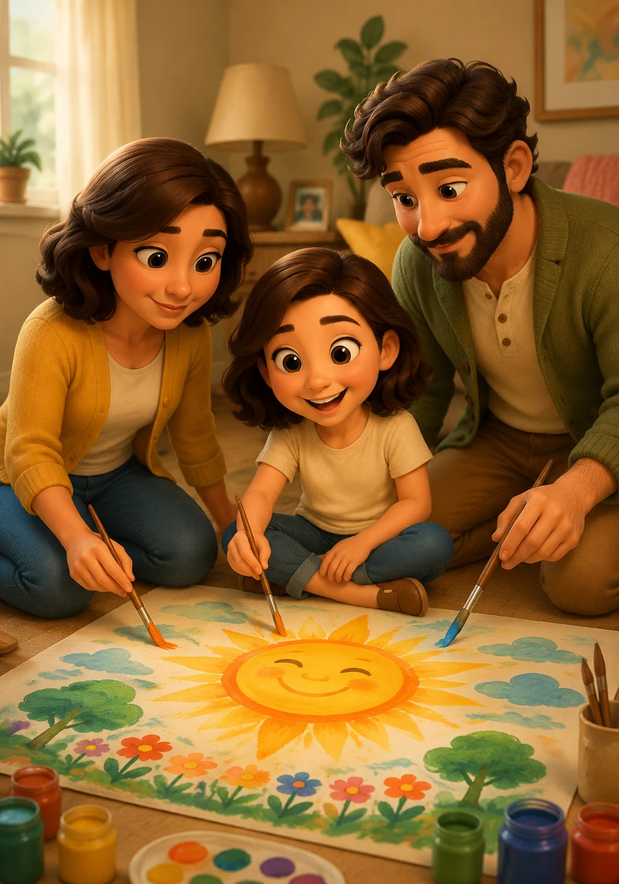 To cheer Lily up, they painted a beautiful picture of a brave sun that warmed everything below. With each vibrant stroke of yellow and orange, Lily felt a spark of cheerfulness brighten her quiet afternoon indoors.