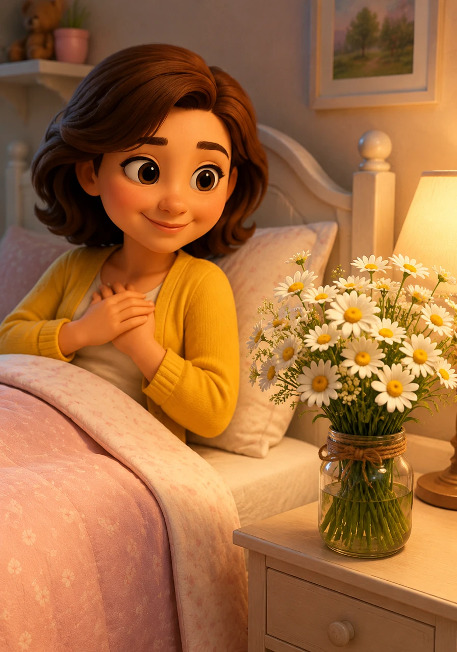 A lovely bunch of wild daisies appeared by her bed, brought by a kind neighbor who sent cheerful thoughts. The bright flowers made the room feel sunny, and Lily couldn't help but smile at their friendly faces.