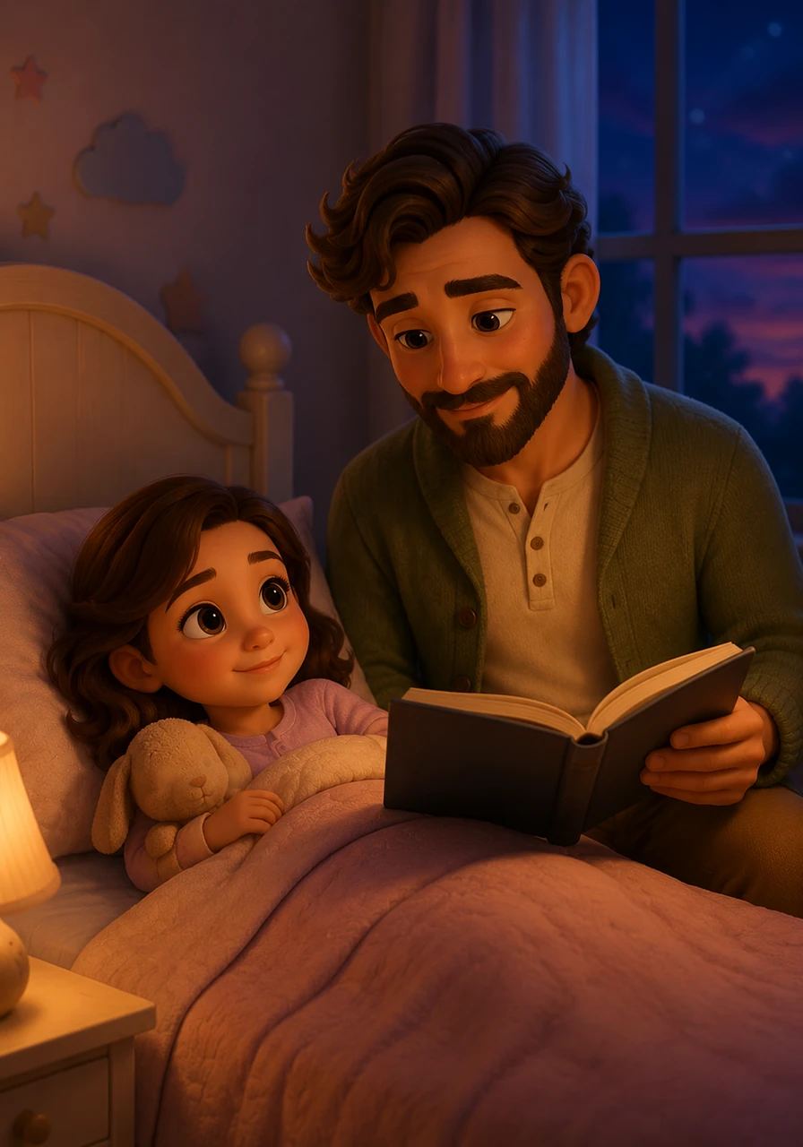 As dusk painted the sky in soft hues, her dad read a gentle story about a calm river that sparkled under the moonlight. The soothing rhythm of his voice and the flowing words were like a lullaby, calming Lily's thoughts and helping her body relax.
