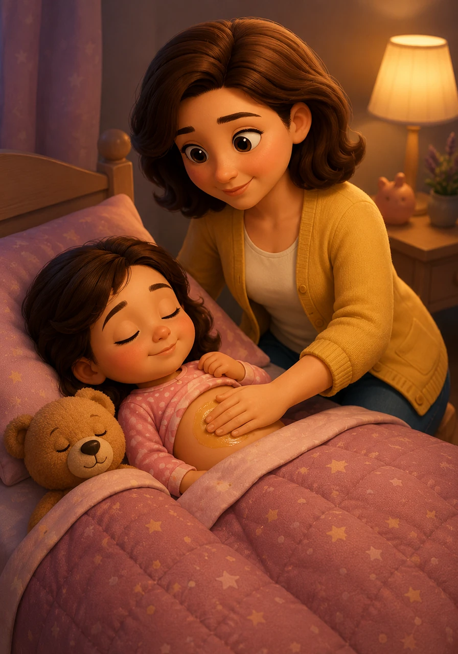 Mom gently rubbed Lily's tummy with lavender-scented oil, the soothing warmth and sweet fragrance making her feel heavy-eyed and peaceful. Her teddy bear seemed to nod off too, cozy under his little blanket.