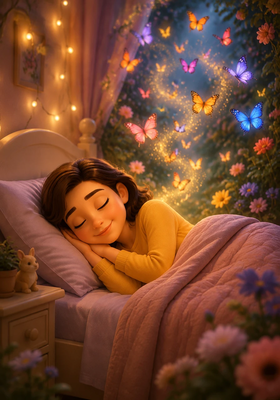 Tucked in her soft bed, surrounded by the warm glow of fairy lights, Lily drifted into dreams filled with colorful butterflies fluttering gracefully in a peaceful garden.
