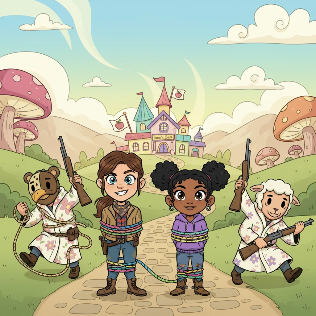 In the whimsical, shadowed valleys, four brave resistance fighters—Deputy Rachel Rooke, Grace, Jessica, and Kim—were captured by the bumbling cultists of Eden's Gate. Their weapons were snatched, and they were playfully bound with soft, colorful ropes. With defiant, determined grins, they were led towards the heart of the cult's surprisingly cheerful compound.