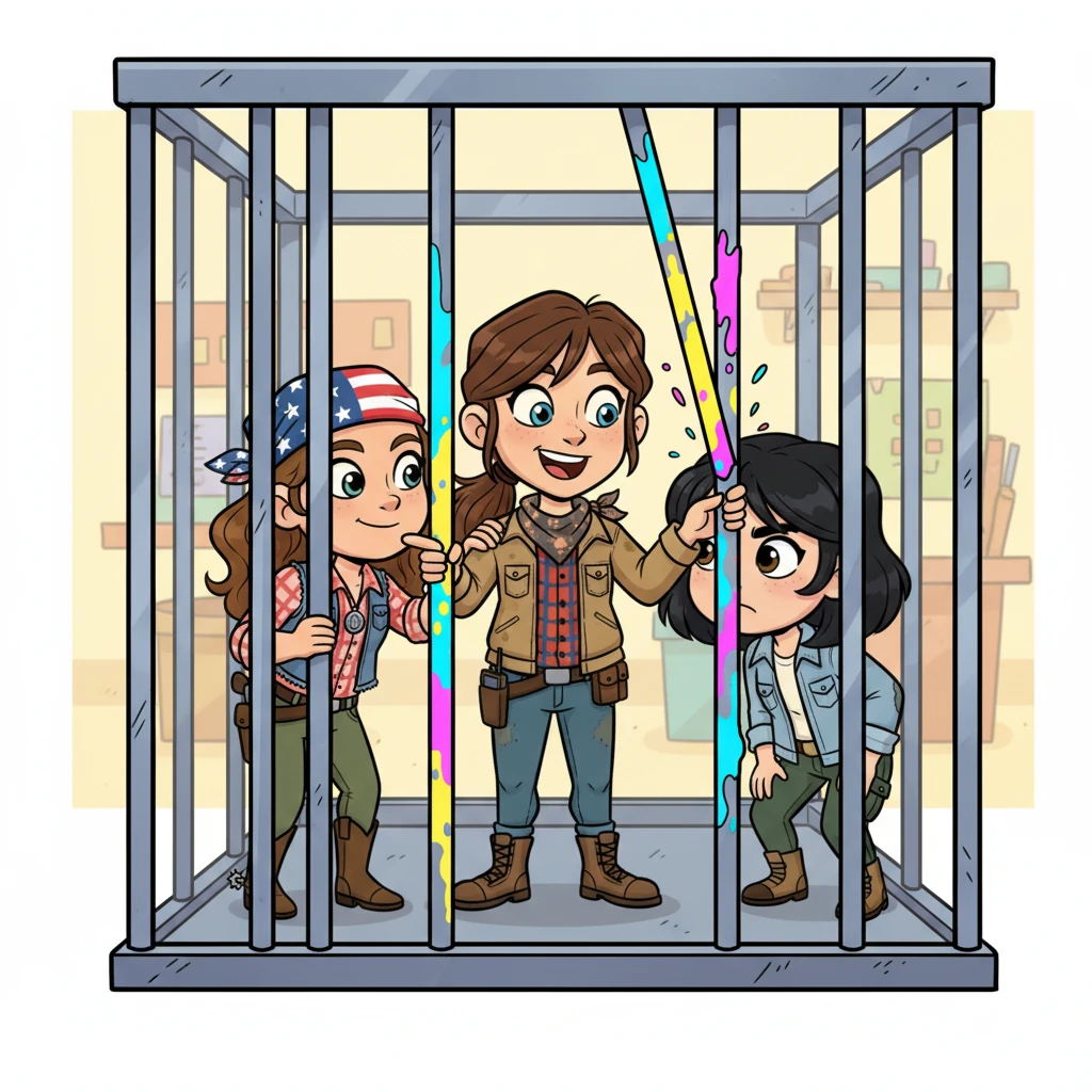 Inside their temporary prison, the friends huddled close, their spirits unbroken. Rachel, with her sharp eyes, noticed a loose, brightly colored bar on the cage. It looked like it had been painted over many times, making it even more precarious. A tiny, hopeful spark ignited among them.