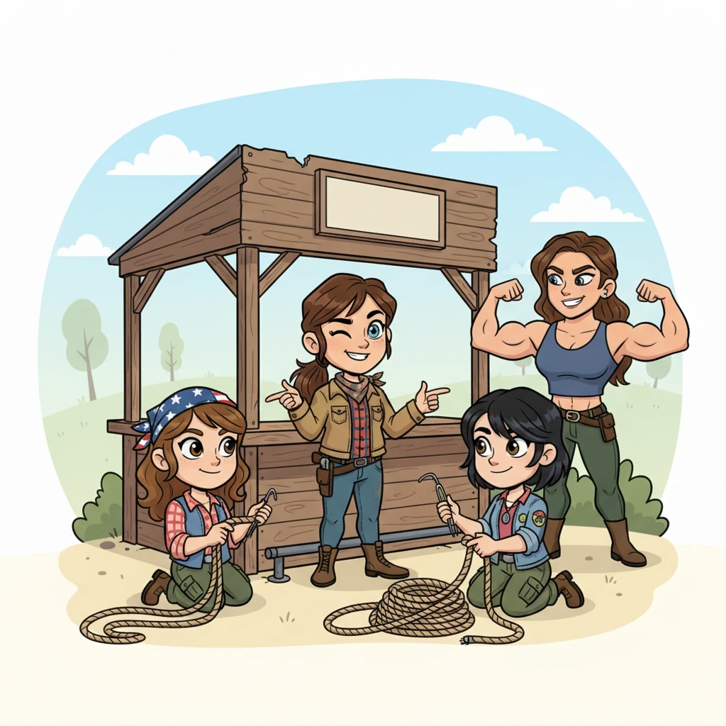 With a wink to her friends, Rachel pointed subtly at the wobbly bar, then mimed a plan. Grace, ever resourceful, found a stray hairpin in her pocket, while Kim, nimble-fingered, began testing the knots on her ropes. Jessica flexed her muscles, ready for action.