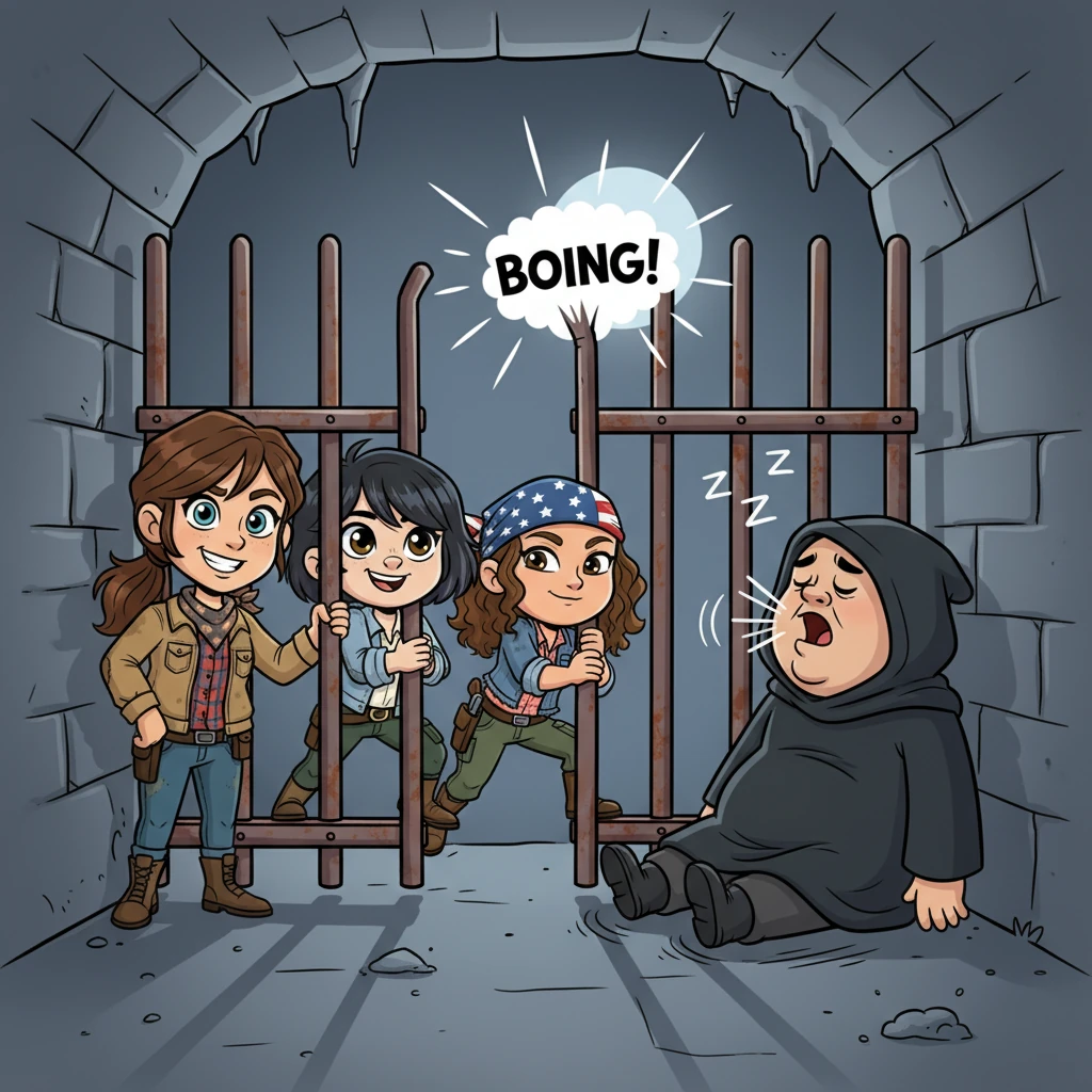 Working together with exaggerated effort, they wiggled the loose bar until it popped free with a cartoon 'BOING!' They squeezed through the gap, one by one, tiptoeing past a snoring cultist guard whose snores vibrated the ground. A mischievous smile played on their lips.