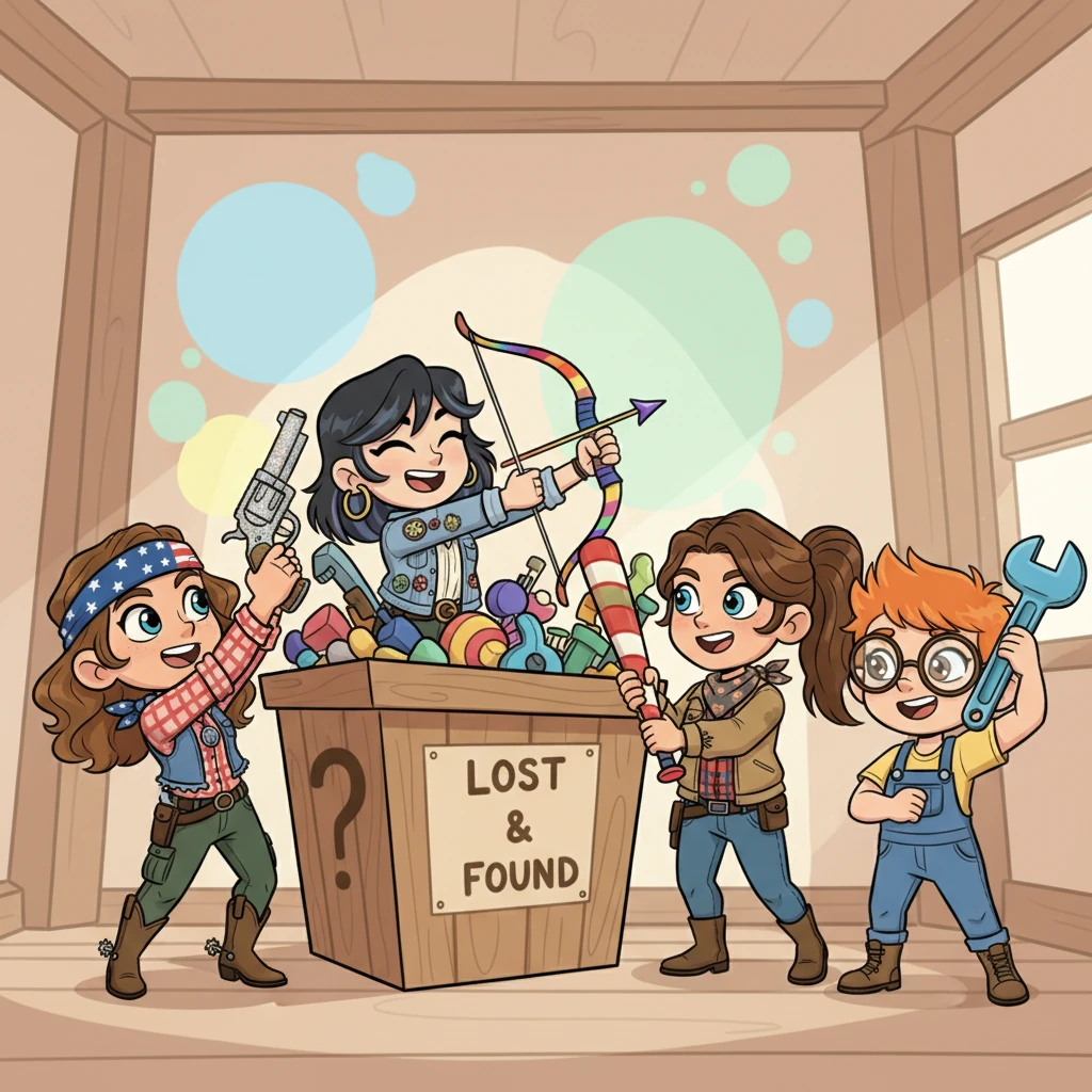 Creeping through the compound, they stumbled upon a 'Lost & Found' bin overflowing with their own brightly colored, oversized weapons! With whoops of delight, Rachel grabbed her trusty pistol, Grace snatched her bow, Jessica clutched her baseball bat, and Kim retrieved her trusty pipe wrench.